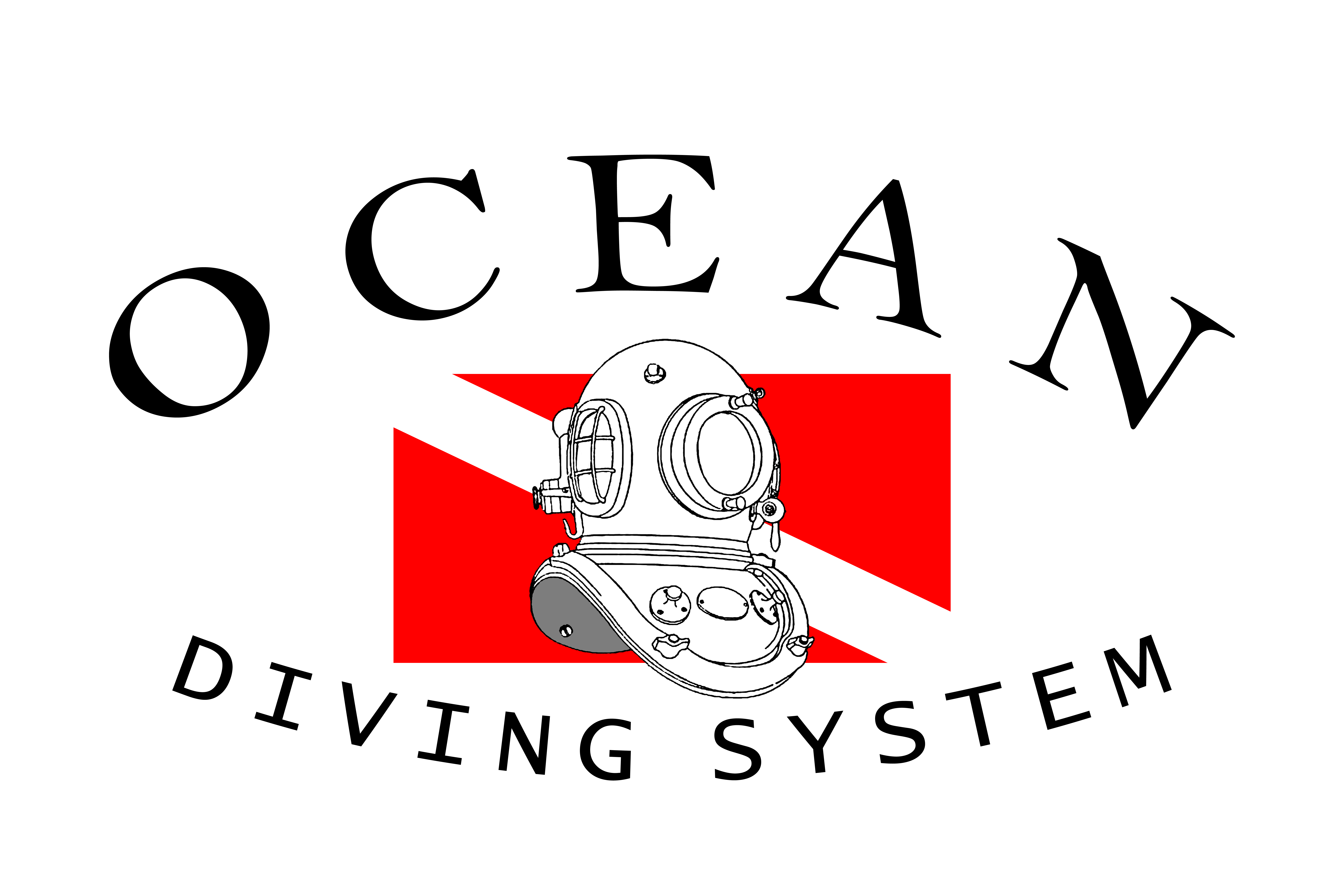 Official logo for Ocean Diving System. There is a recreational dive flag and a classic diving head gear in front of it.
